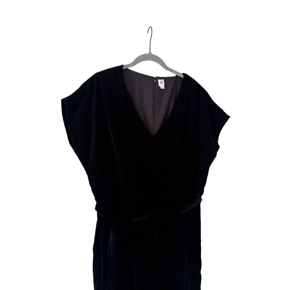 GAP Black Velvet Jumpsuit Women’s Size 16 V Neck Tie Waist Wide Leg Evening - Picture 4 of 12